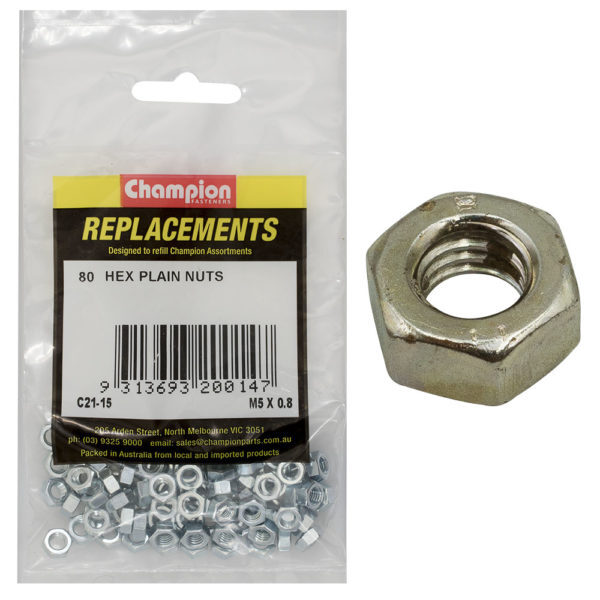 Champion C21-15 Hex Plain Nut M5 x 0.8mm High Tensile Zinc - 80/Pack