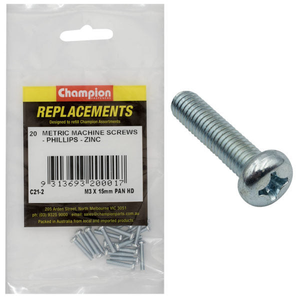 Champion C21-2 Machine Screw Pan Head Phillips M3 x 15mm Zinc - 20/Pack