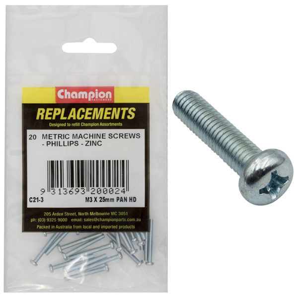 Champion C21-3 Machine Screw Pan Head Phillips M3 x 25mm Zinc - 20/Pack