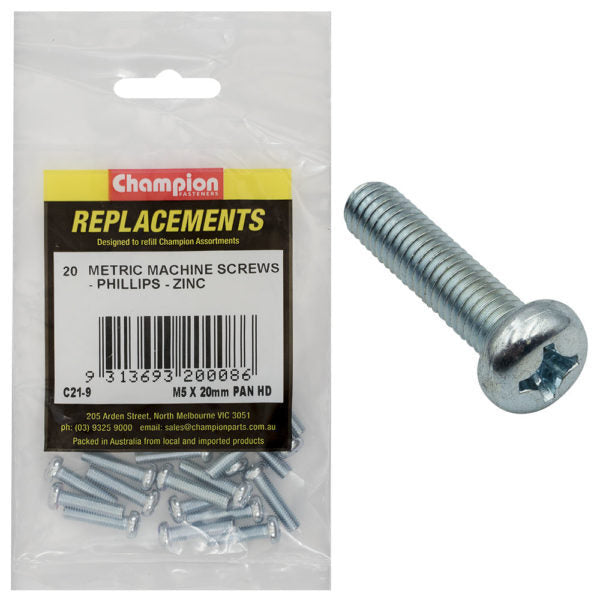 Champion C21-9 Machine Screw Pan Head Phillips M5 x 20mm Zinc - 20/Pack