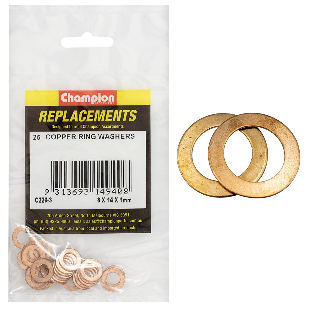 Champion C226-3 Copper Ring Washer 8 x 14 x 1mm -  25/Pack