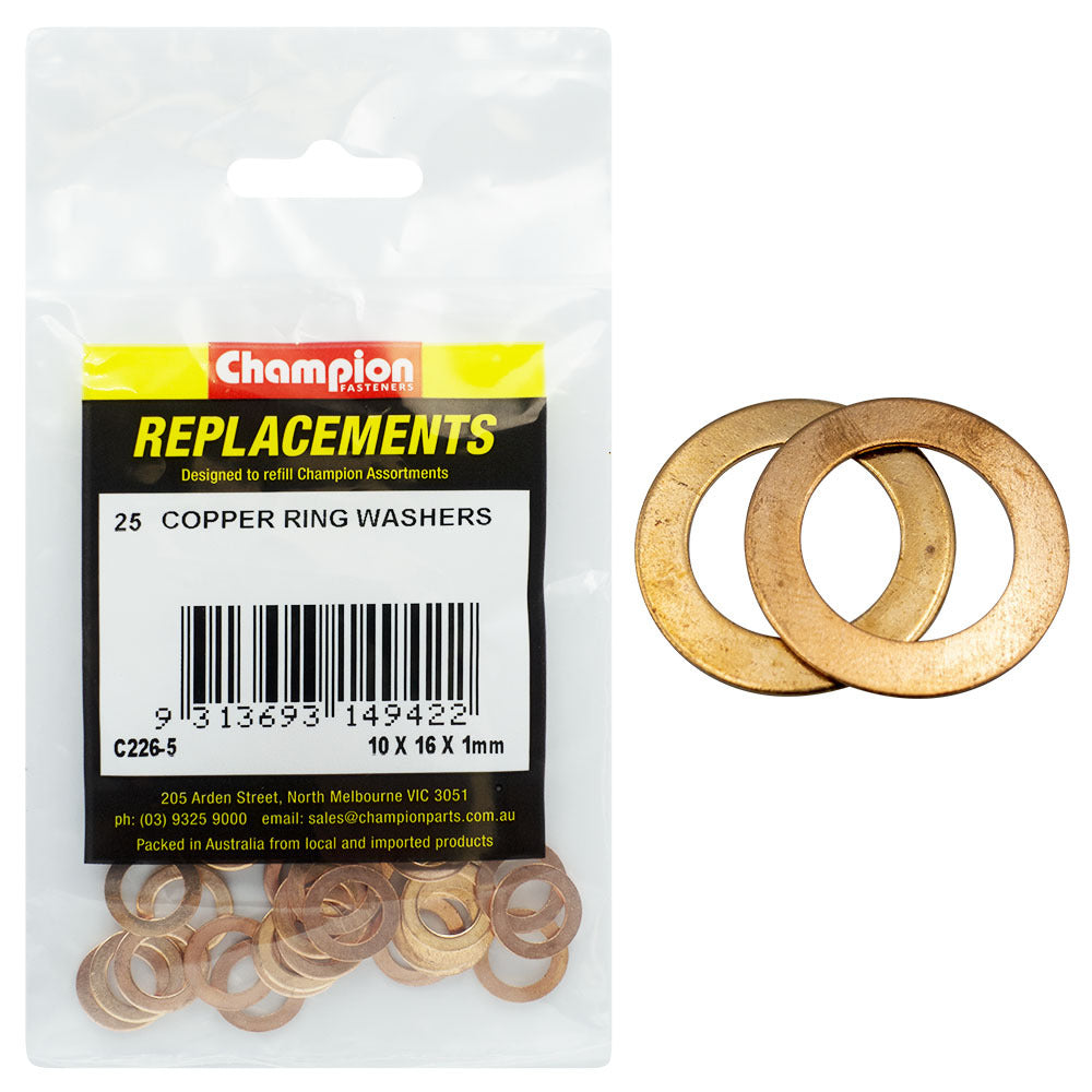 Champion C226-5 Copper Ring Washer 10 x 16 x 1mm -  25/Pack