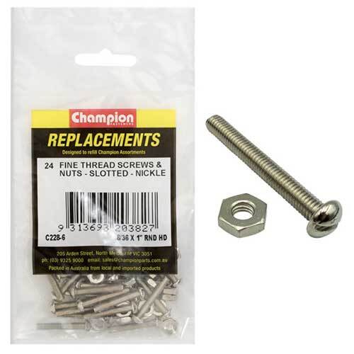 Champion C228-6 Machine Screw Slotted & Nut 8/36 x 1", 24/Pack