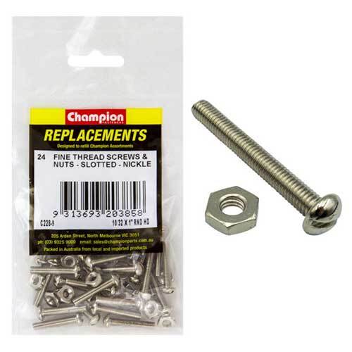Champion C228-9 Machine Screw Slotted & Nut 10/32 x 1", 24/Pack