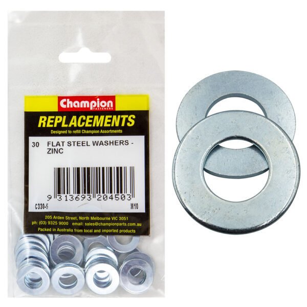 Champion C330-5 Flat Steel Washer M10 x 21 x 1.6mm- 30/Pack - AIMS Industrial Supplies