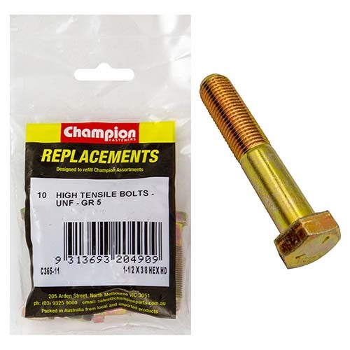 Champion C365-16 1/2 x 2" UNF High Tensile Bolt -  5/Pack