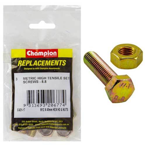 Champion C431-17 Hex Set Screw Metric and Nut M12 x 45mm - 3/Pack - AIMS Industrial Supplies