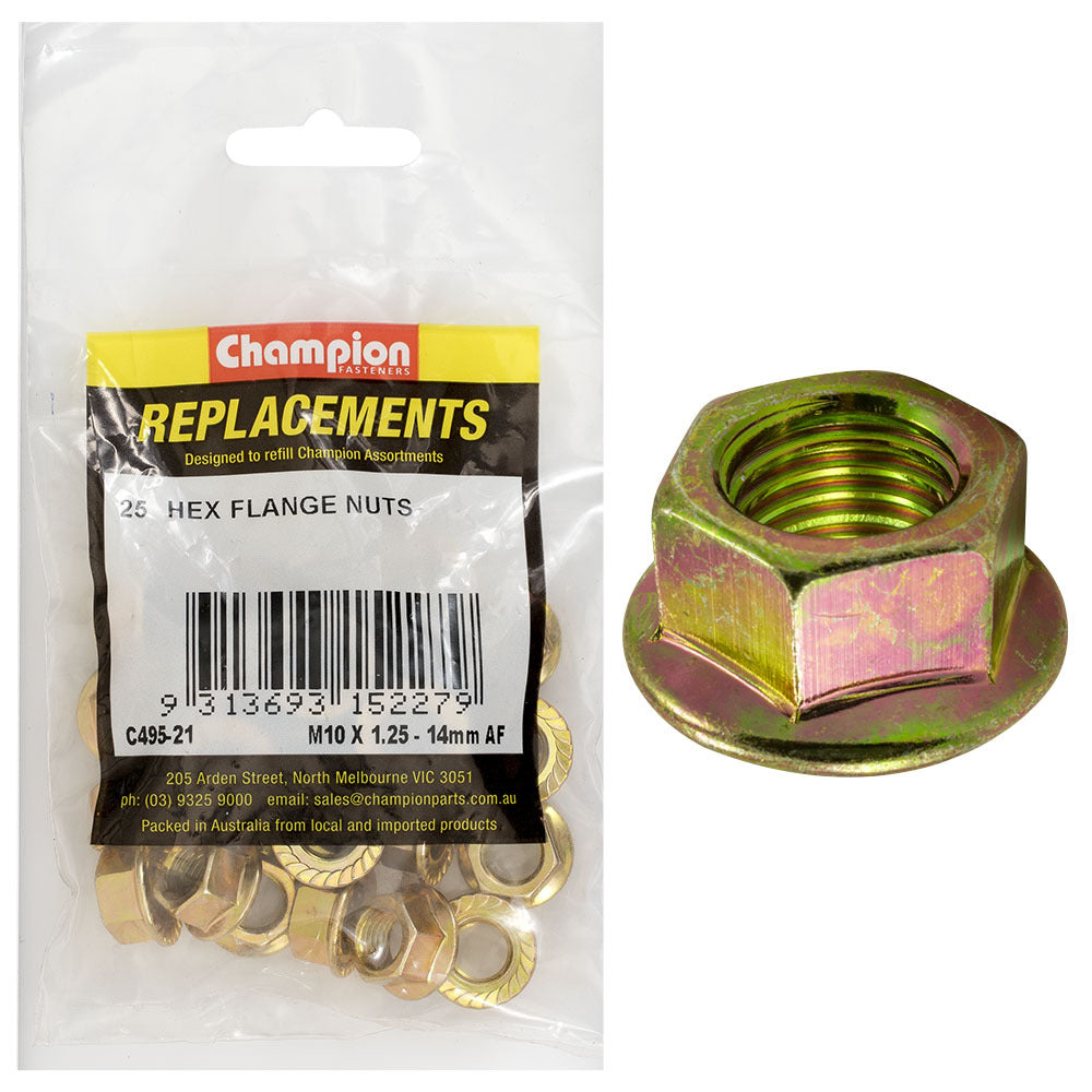 Champion C495-21 Hex Flanged Nut M10 x 1.25mm Zinc Plated- 25/Pack