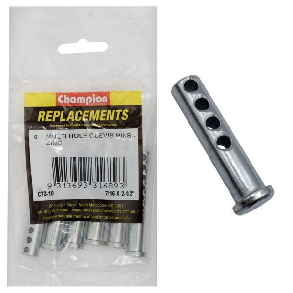Champion C72-10 Clevis Pin Multi Hole 7/16 x 2 1/2" Zinc Plated - 6/Pack