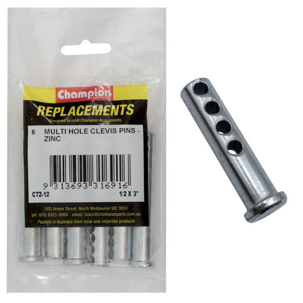 Champion C72-12 Clevis Pin Multi Hole 1/2 x 3" Zinc Plated - 6/Pack