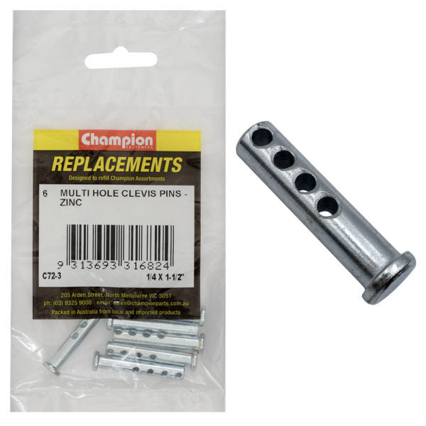 Champion C72-3 Clevis Pin Multi Hole 1/4 x 1 1/2" Zinc Plated - 6/Pack