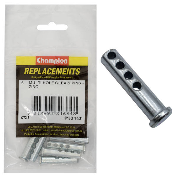 Champion C72-5 Clevis Pin Multi Hole 5/16 x 1 1/2" Zinc Plated - 6/Pack