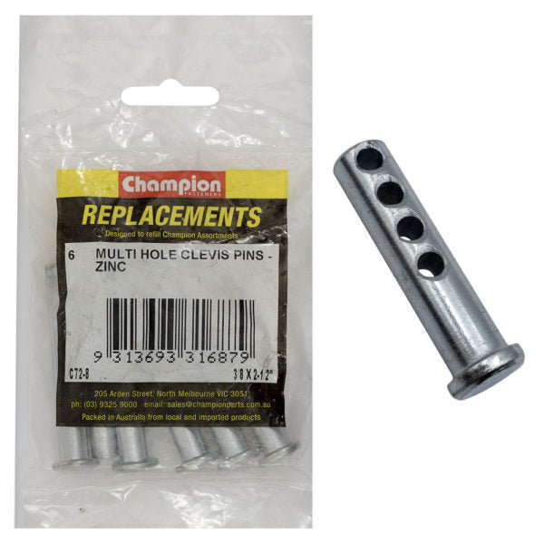 Champion C72-8 Clevis Pin Multi Hole 3/8 x 2 1/2" Zinc Plated - 6/Pack