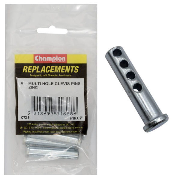 Champion C72-9 Clevis Pin Multi Hole 7/16 x 2" Zinc Plated - 6/Pack