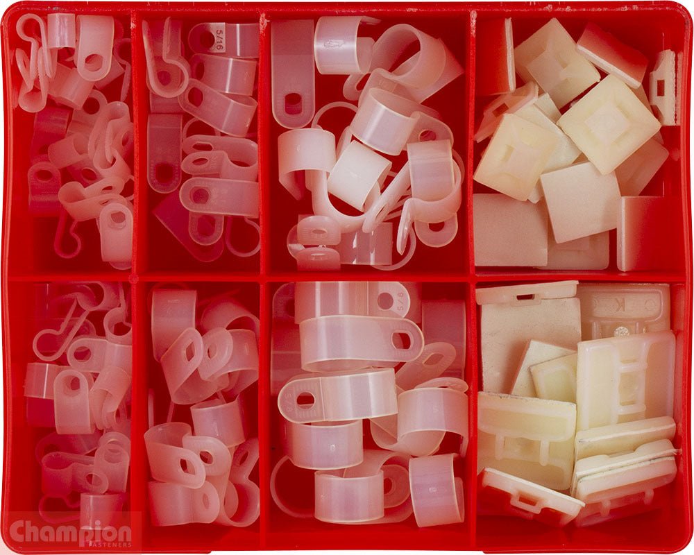 Champion CA124 Nylon Cable 'P' Clamps and Cable Tie Mount Kit 124 Pieces - AIMS Industrial Supplies