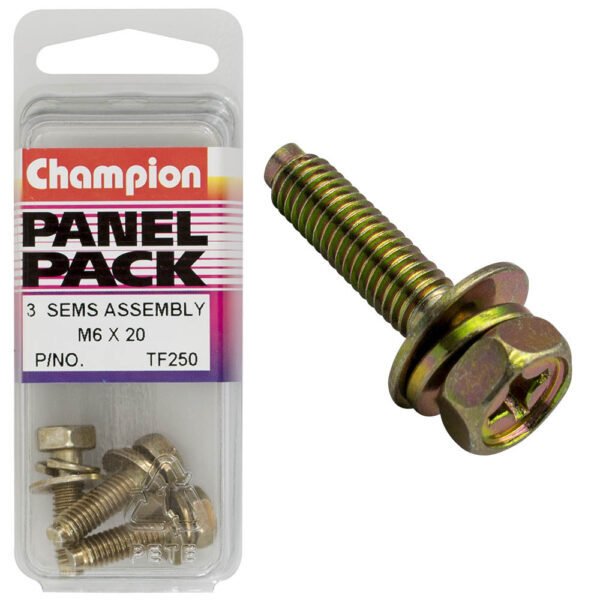 Champion Sems Assembly Combo Flat/Spring Washer Pilot M6 x 20mm - Box of 9 (3 Packs of 3) - AIMS Industrial Supplies