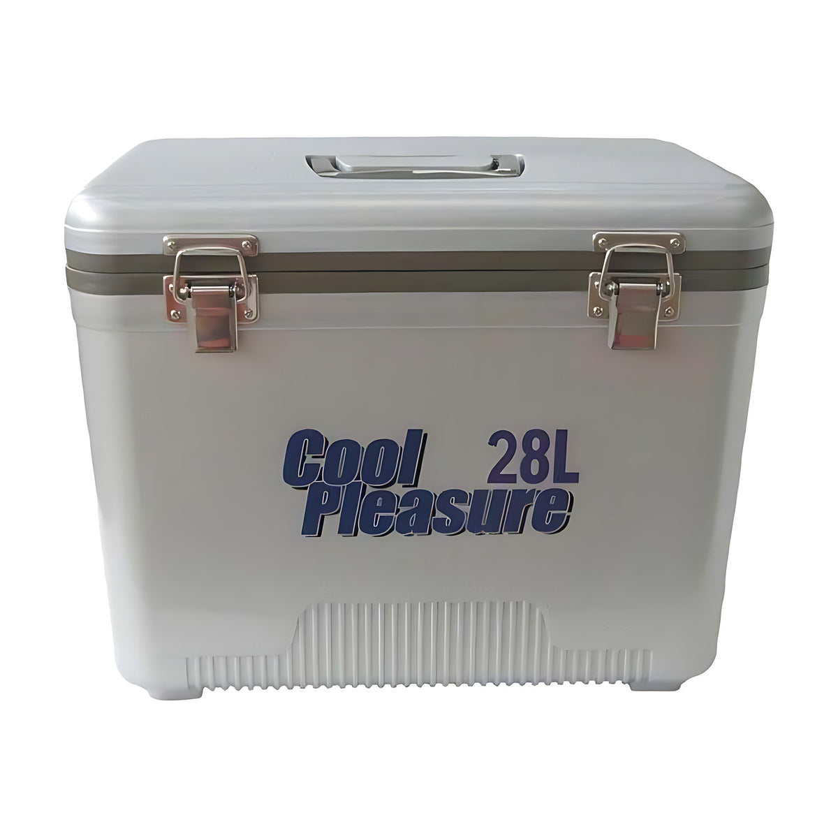 Cool Pleasure ice box in grey with metal latches and a carry handle, front label reads 28L