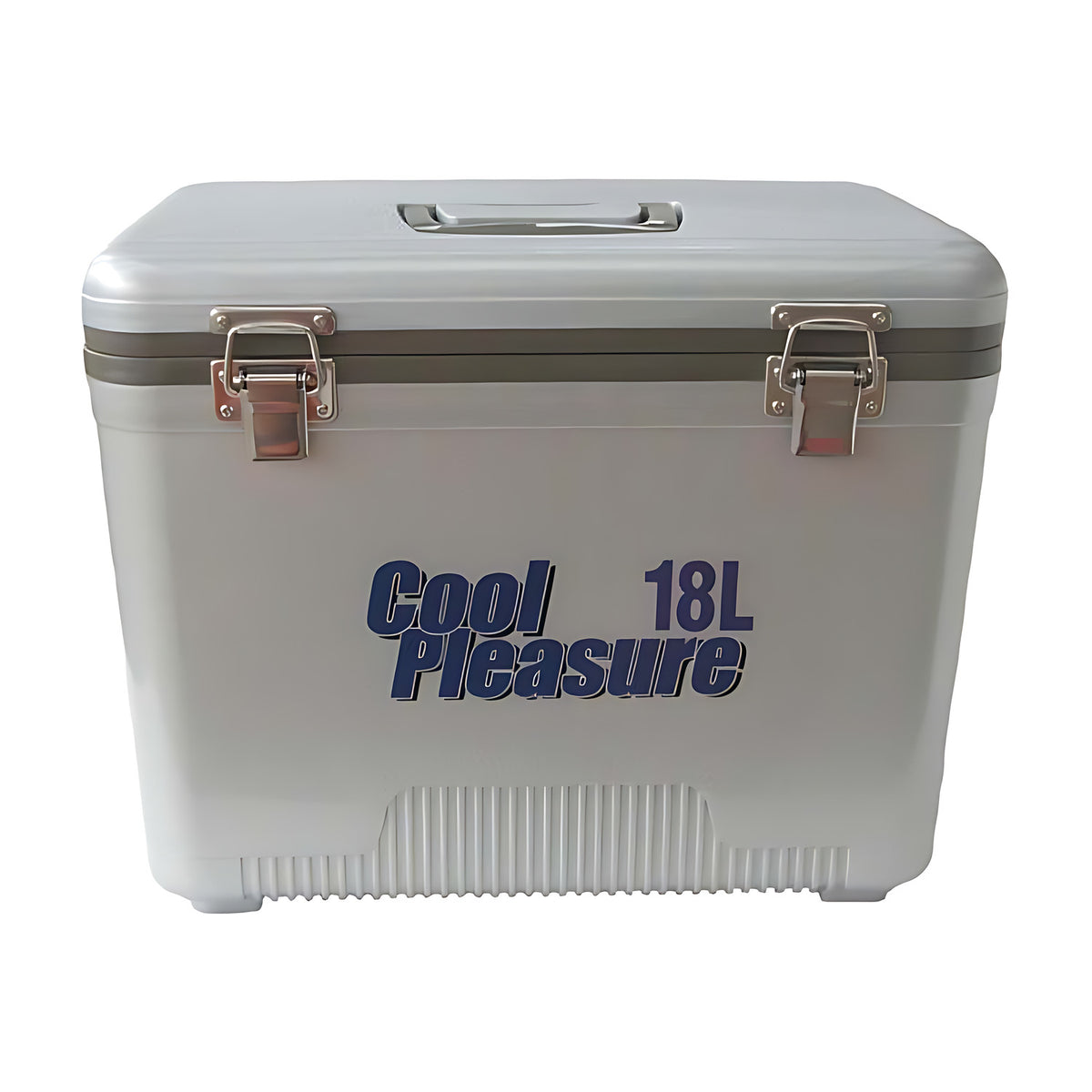Cool Pleasure ice box in grey with metal latches and a carry handle, front label reads 18L