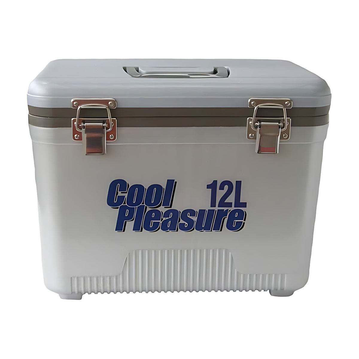 Cool Pleasure ice box in grey with metal latches and a carry handle, front label reads 12L