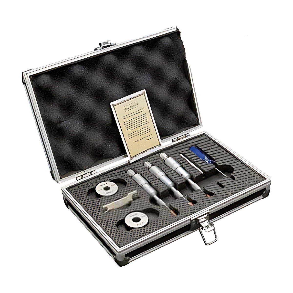 Dasqua 3 Point Inside Micrometer Set, micrometers, setting rings and tools in a foam-lined case