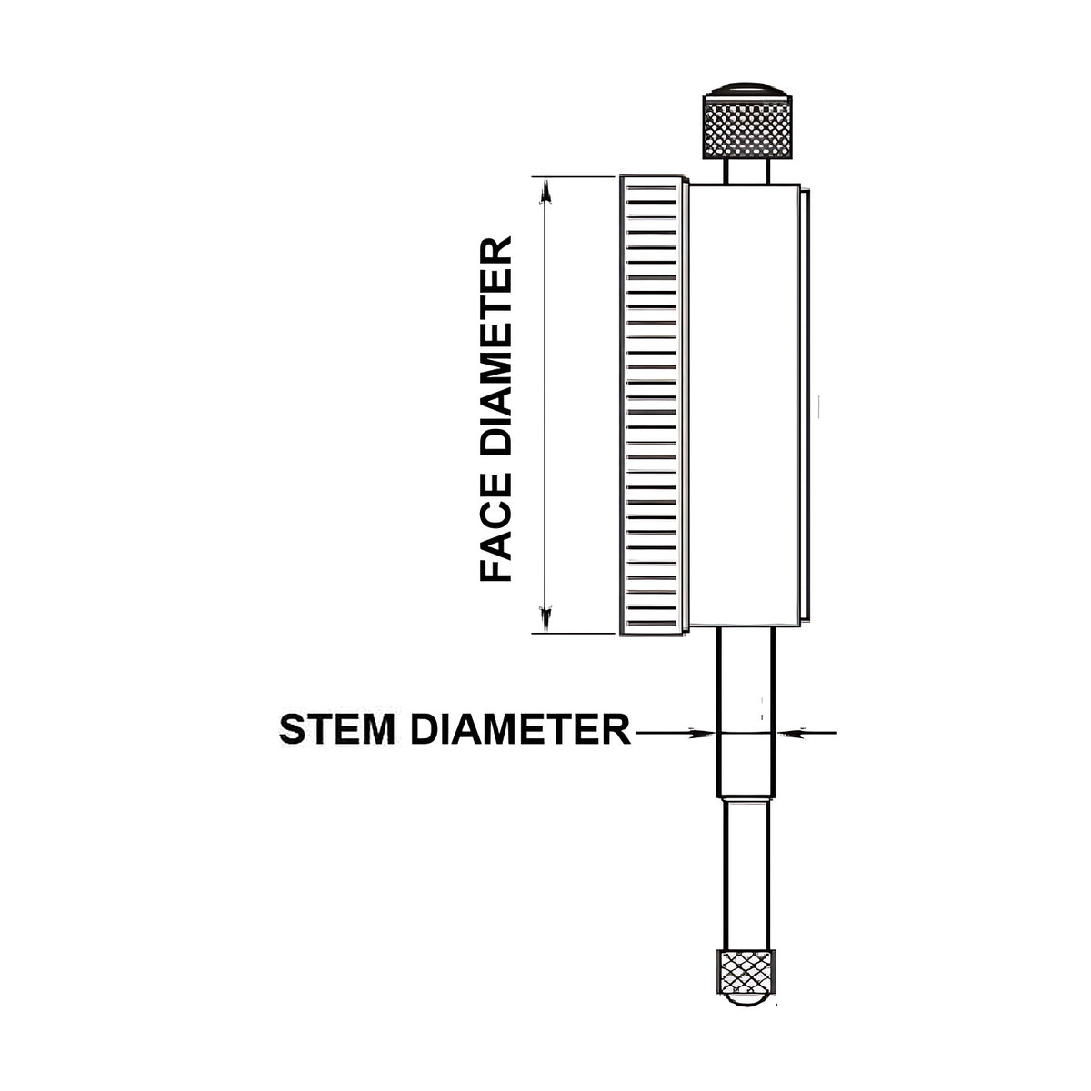 Dasqua Dial Indicator - Imperial, drawing of the case and stem showing face diameter and stem diameter