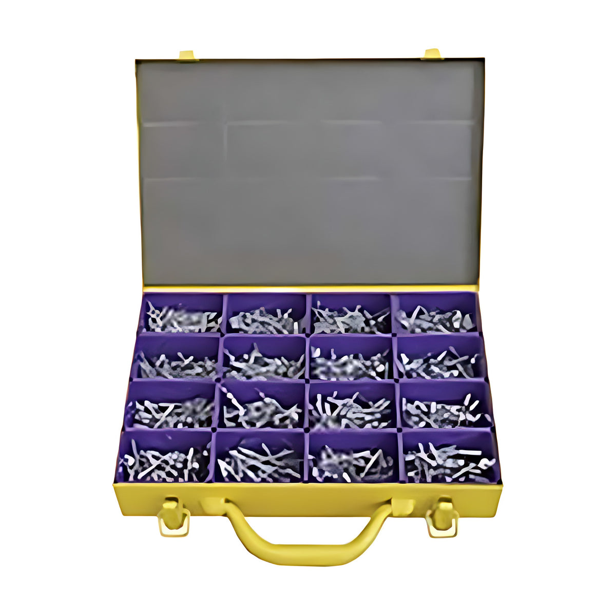 Hobson dome head rivet assortment kit, yellow metal case with 16 purple compartments full of rivets