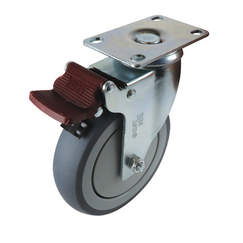 EasyRoll 125mm Grey Rubber Swivel Brake Plate Mount Castor G6 100 kg  G62TZ44K125