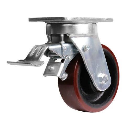 Easyroll 150mm Urethane On Cast Iron Swivel Brake Plate Mount Castor 750kg