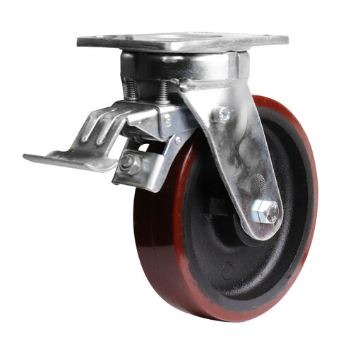 Easyroll 200mm Urethane On Cast Iron Swivel Brake Plate Mount Castor 1000kg