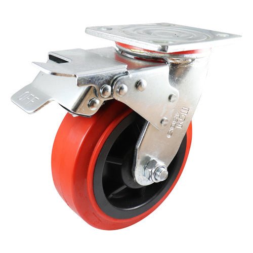 EasyRoll Red Urethane Swivel Plate Brake Castor - AIMS Industrial Supplies
