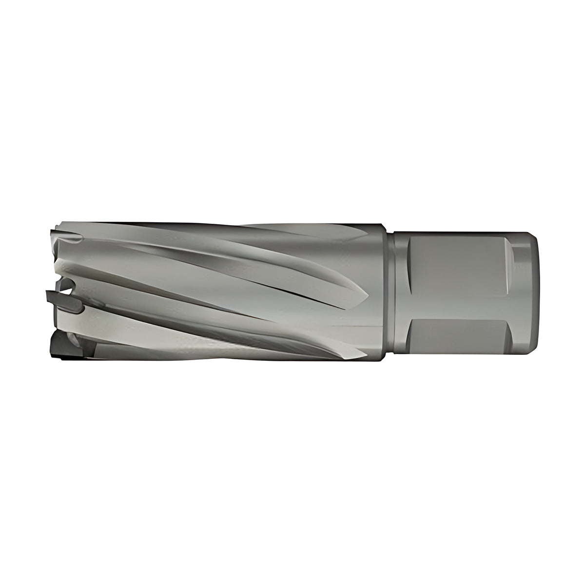 Euroboor TCT annular cutter, 35mm depth of cut, dark grey cutter with a large flat Weldon shank on the right