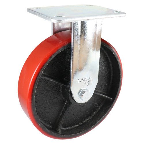 Fixed Plate Castor - Urethane on Cast Iron Wheel, Red J3 Series - AIMS Industrial Supplies
