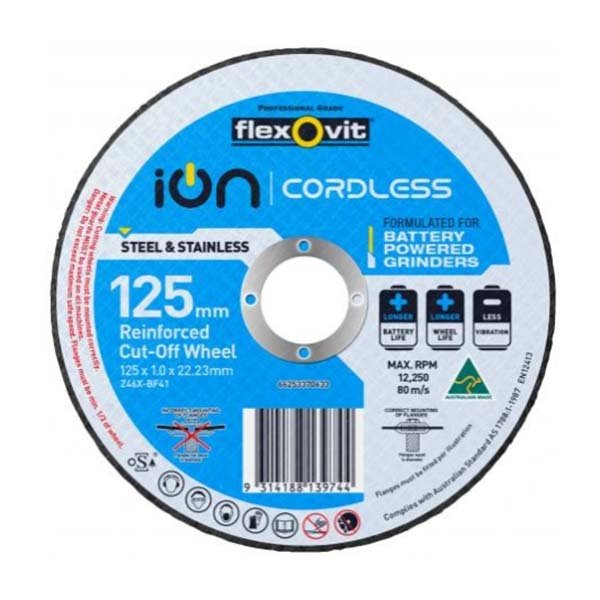 Flexovit Cut Off Wheel Ion Cordless Inox Ultra Thin 125 x 1 x 22.23mm - AIMS Industrial Supplies