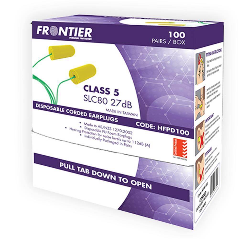 Frontier Disposable Corded Ear Plugs , Yellow Class 5 - 100Pairs/Box - AIMS Industrial Supplies
