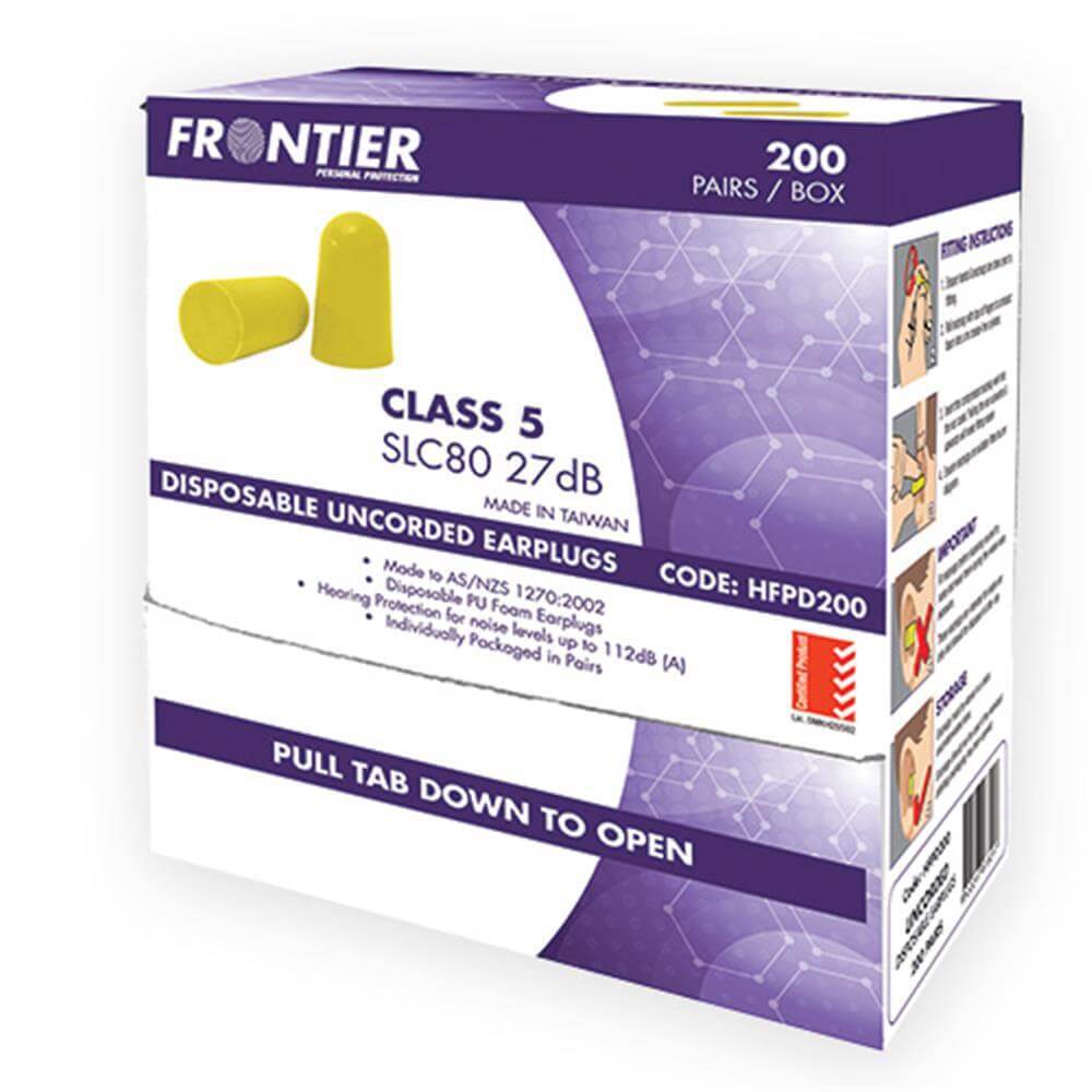 Frontier Disposable Foam Ear Plugs, Yellow Uncorded Class 5 - 200 Pairs/Box - AIMS Industrial Supplies
