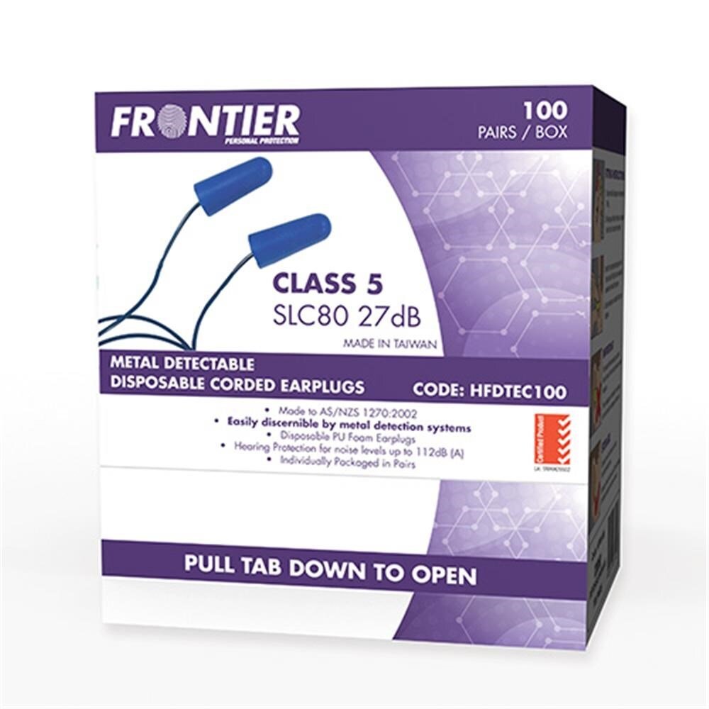 Frontier Metal Detectable Disposable Corded Ear Plugs - 100 Pairs/Box - AIMS Industrial Supplies
