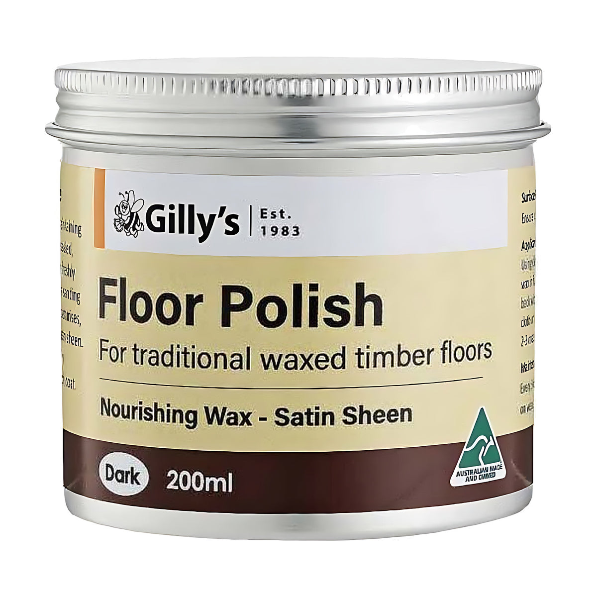 Gilly's Floor Polish 200ml tin, label reads Dark, dark brown band on the label