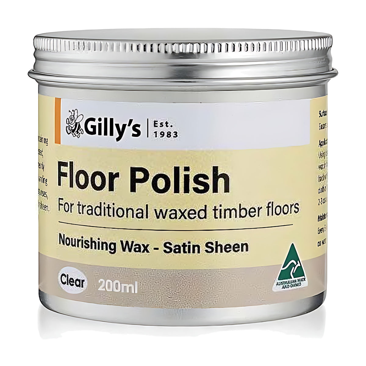 Gilly's Floor Polish 200ml tin, label reads Clear, beige band on the label