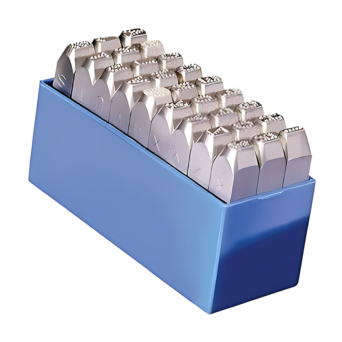 Gravurem dot-style letter stamp set in a blue case, dotted characters on the stamp faces