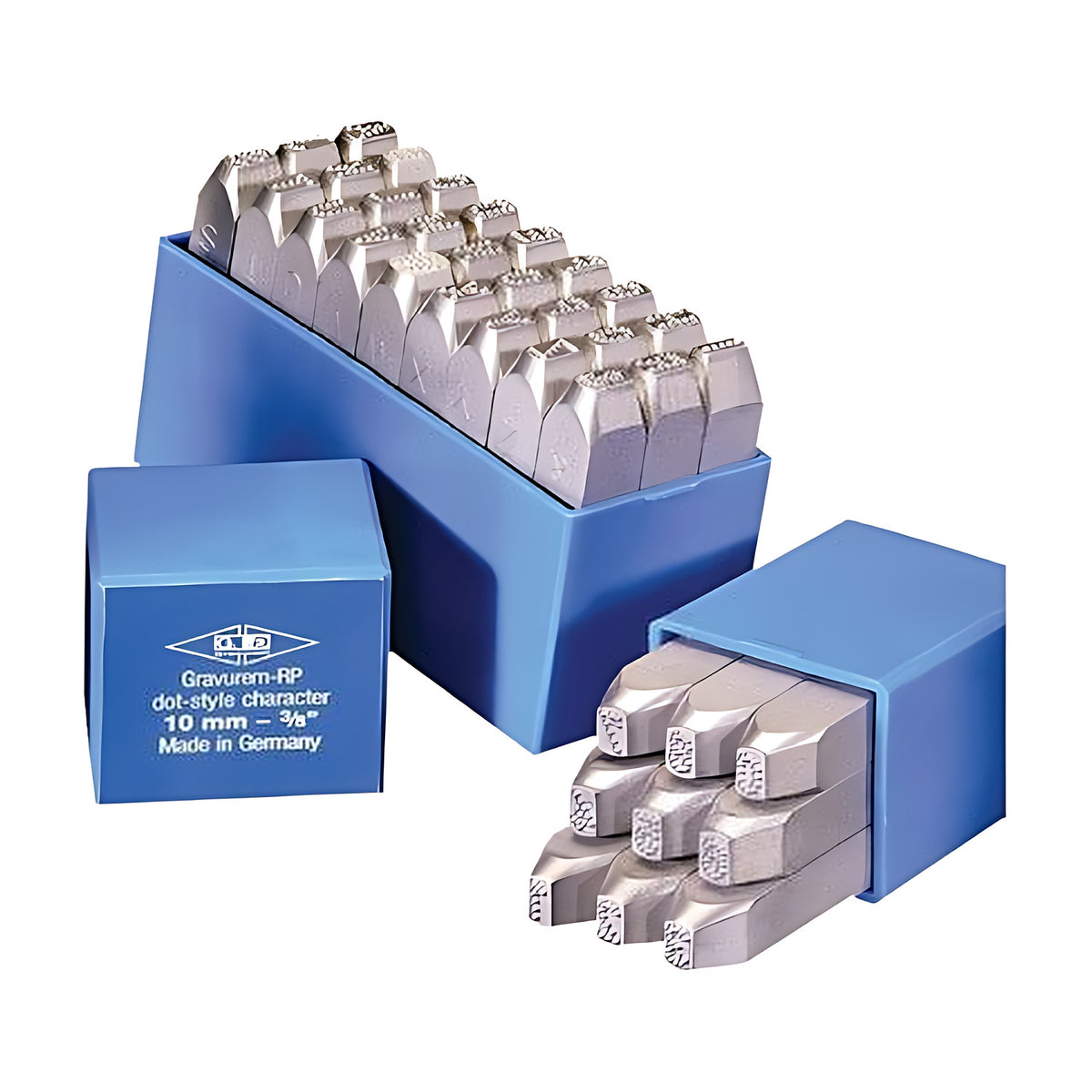 Gravurem dot-style letter and number stamp sets in blue cases, box label reads dot-style character 10mm