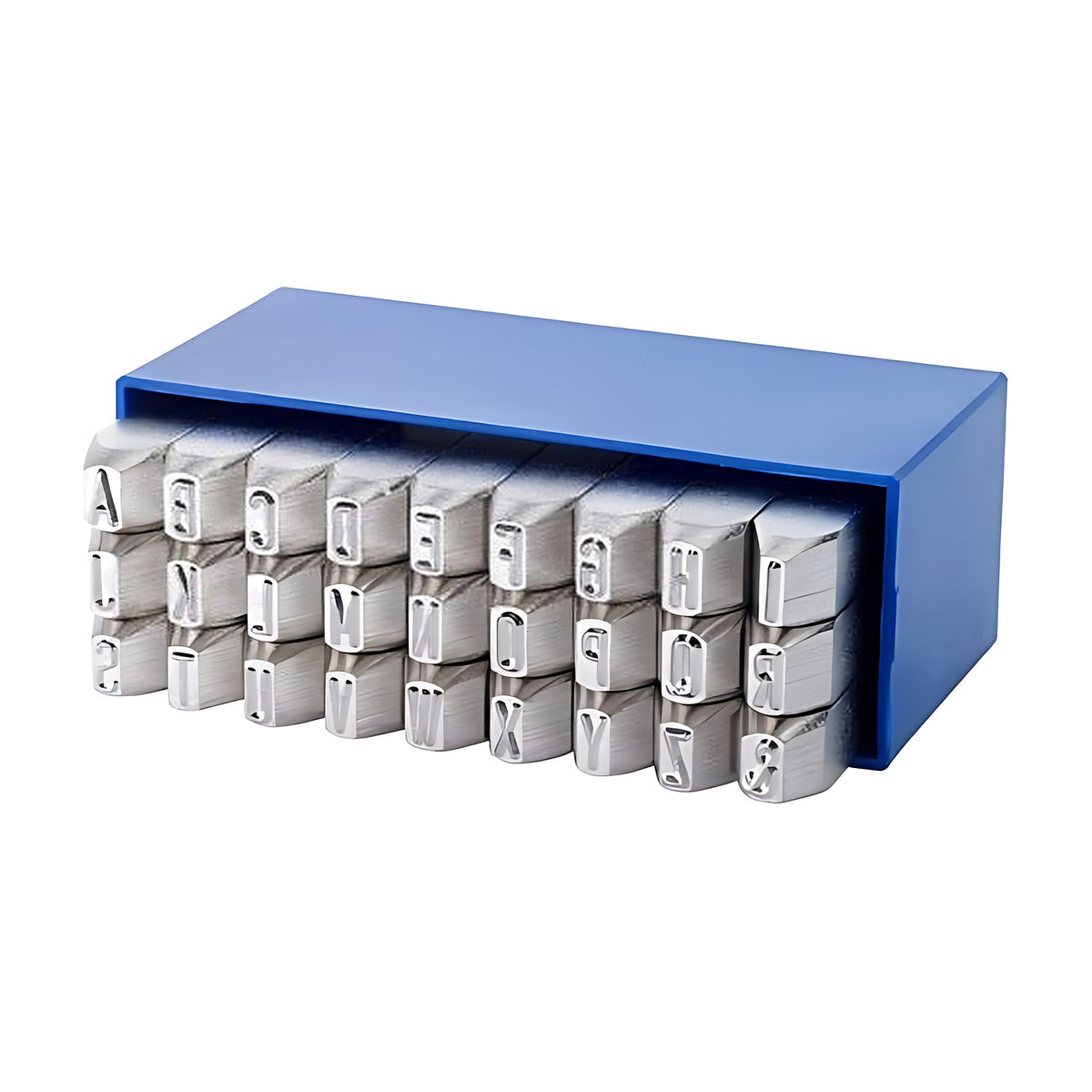 Gravurem heavy duty letter stamp set, 27 steel stamps A to Z and ampersand in three rows in a blue case