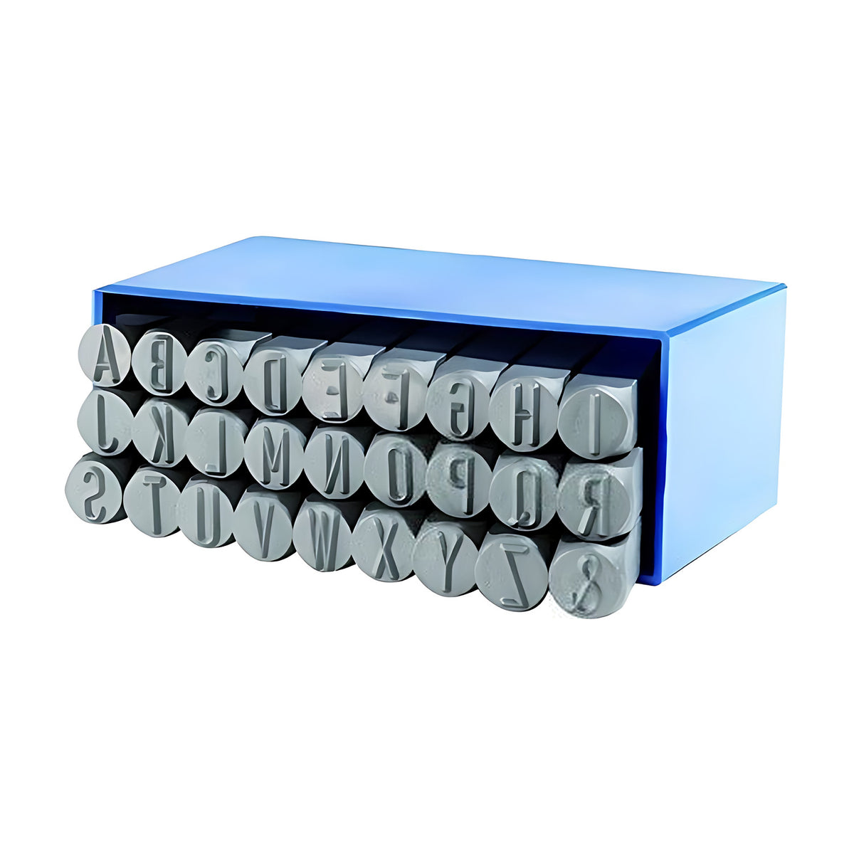 Gravurem standard letter stamp set, 27 round-head steel stamps A to Z and ampersand in a blue case