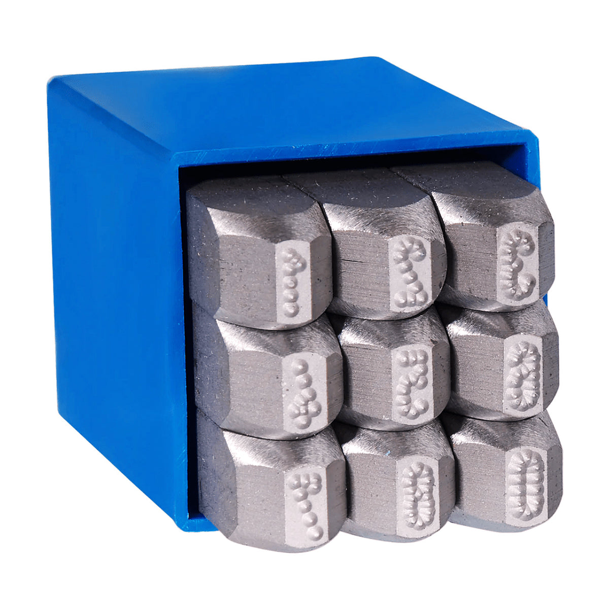 Gravurem dot-style number stamp set, nine steel stamps with dotted digits in a blue case
