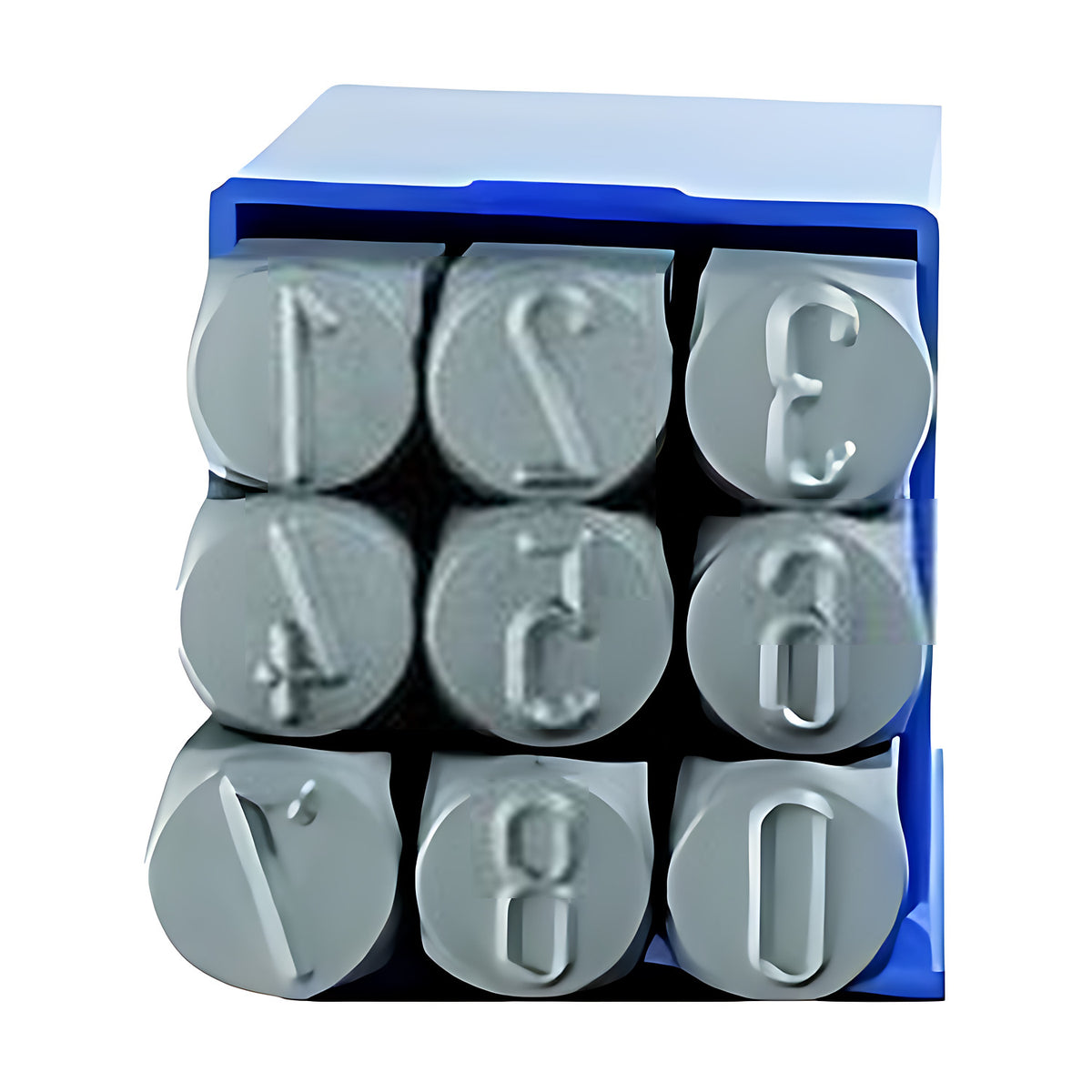 Gravurem standard number stamp set, nine round-head steel stamps in a blue case, 3 rows of 3