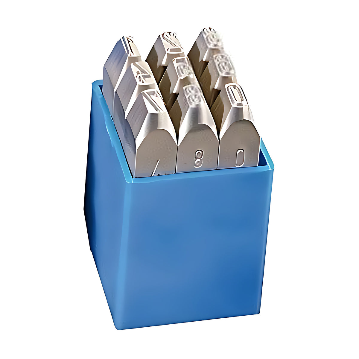 Gravurem low stress number stamp set, nine steel stamps standing on end in a blue case