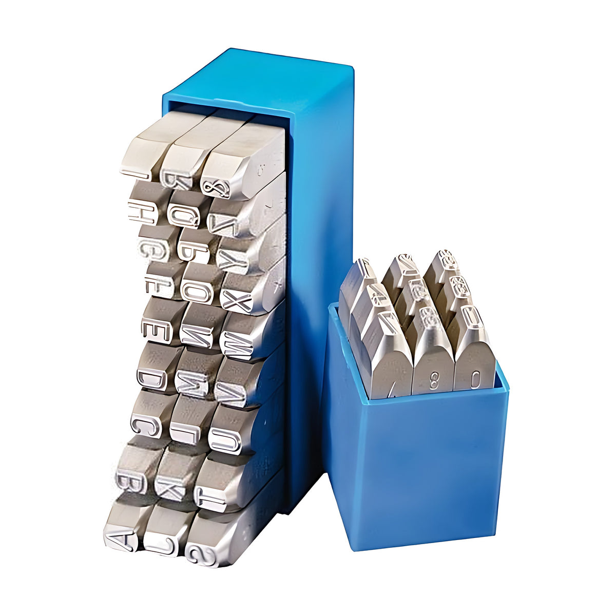 Gravurem low stress number stamp set shown with a letter stamp set, both in blue cases