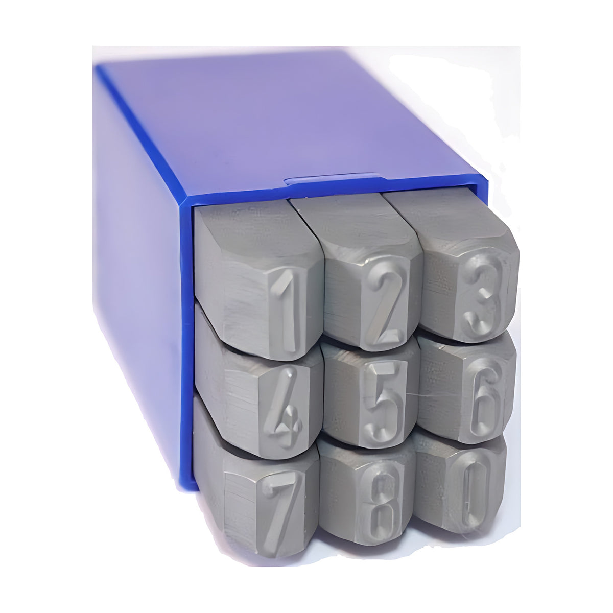 Gravurem reverse number stamp set, nine steel stamps with raised digits 1 to 8 and 0 in a blue case