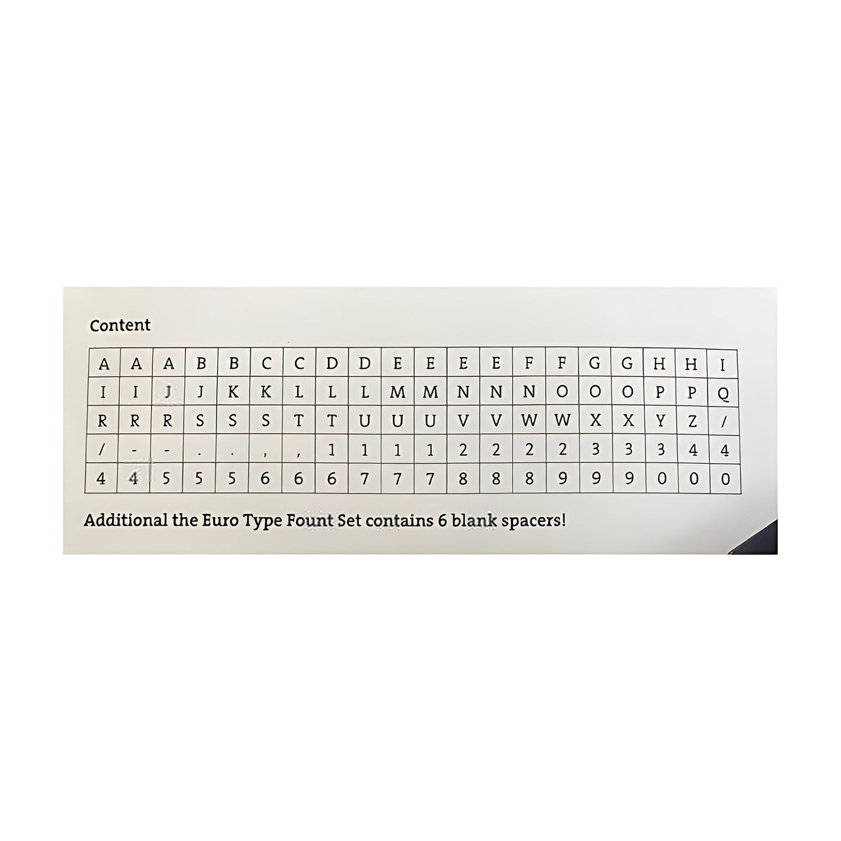 Gravurem type-in font stamp set contents chart listing letters, numbers and punctuation, plus 6 blank spacers