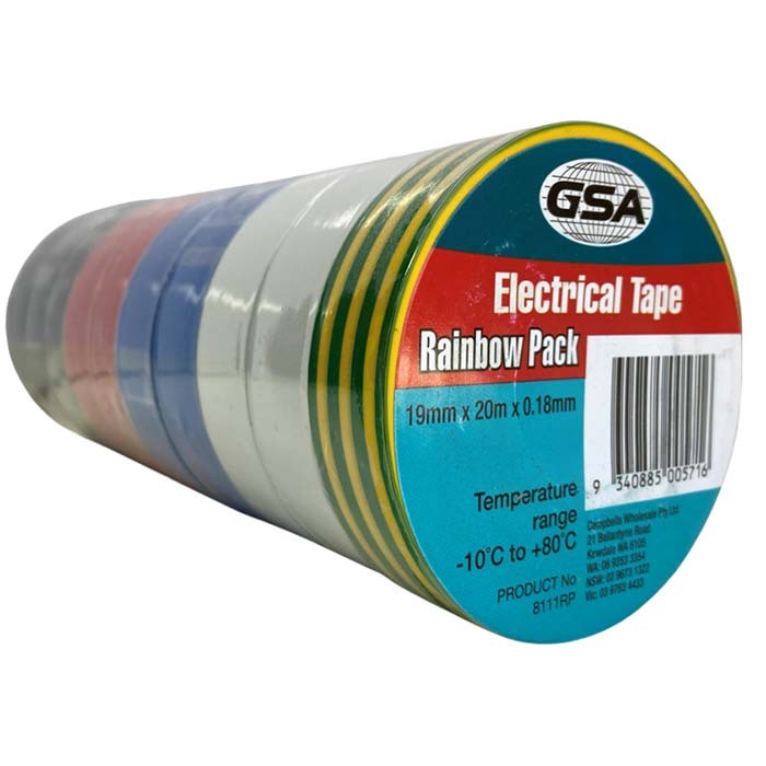 GSA Electrical Tape Rainbow Pack 0.18mm Thick - 19mm x 20m