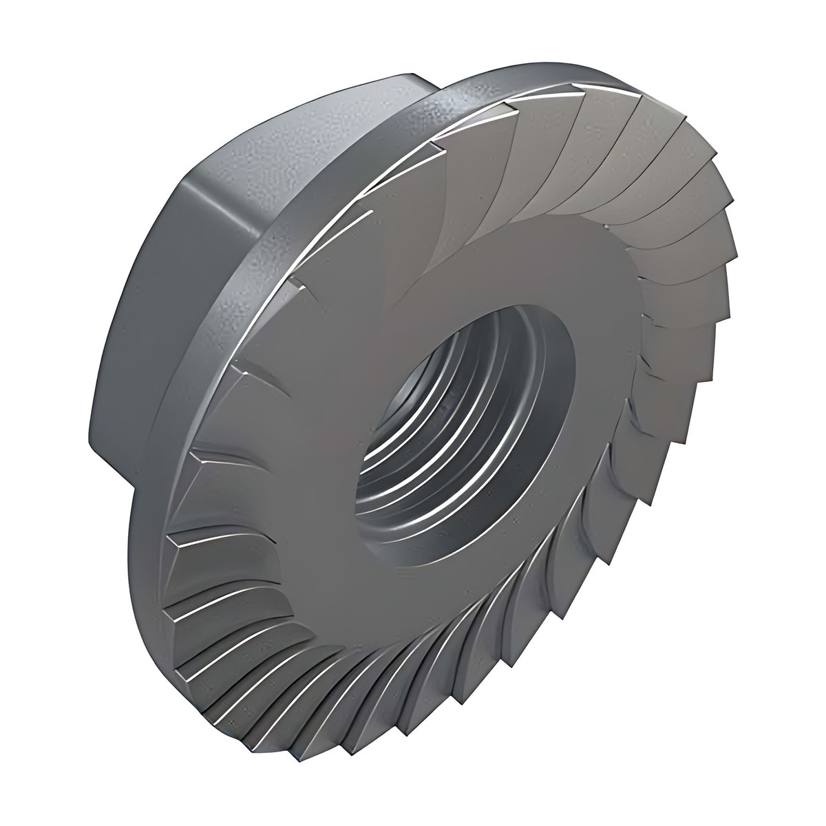 Hobson M8 to M20 serrated hex flange nut, hot dip galvanised, grey nut angled to show the serrated flange face and thread